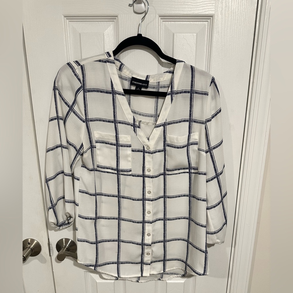 White and Blue Plaid Button Down Shirt